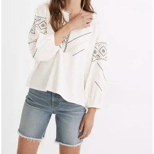 Madewell MD132 Embroidered Puff Sleeve Peasant Blouse Boho Sz Large